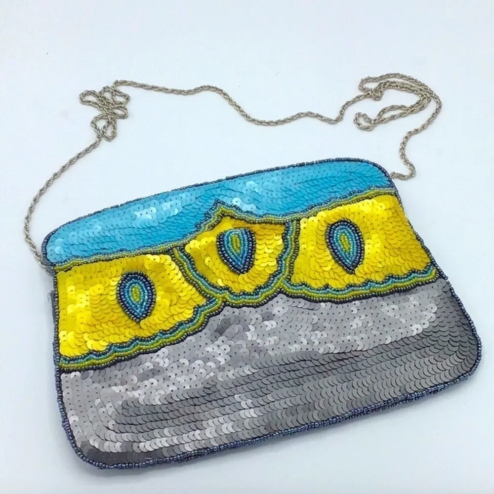 KC MALHAN AQUA BALI SEQUIN BEADED CLUTCH HANDBAG